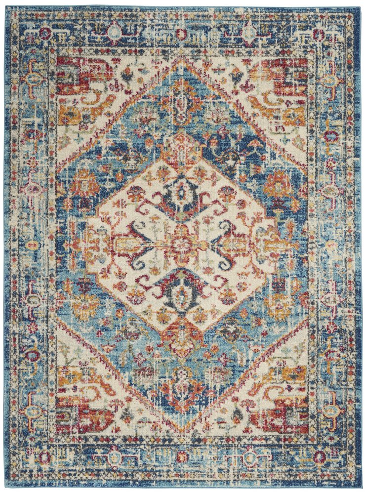 7' X 10' Ivory And Blue Oriental Distressed Area Rug