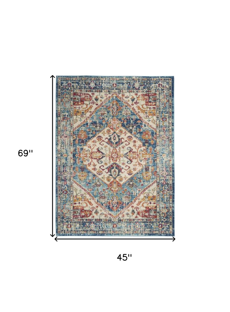 7' X 10' Ivory And Blue Oriental Distressed Area Rug