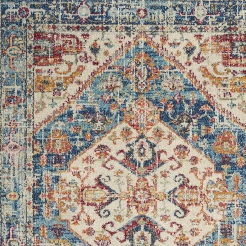 7' X 10' Ivory And Blue Oriental Distressed Area Rug
