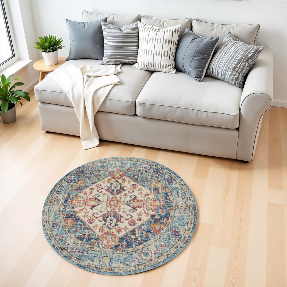 7' X 10' Ivory And Blue Oriental Distressed Area Rug