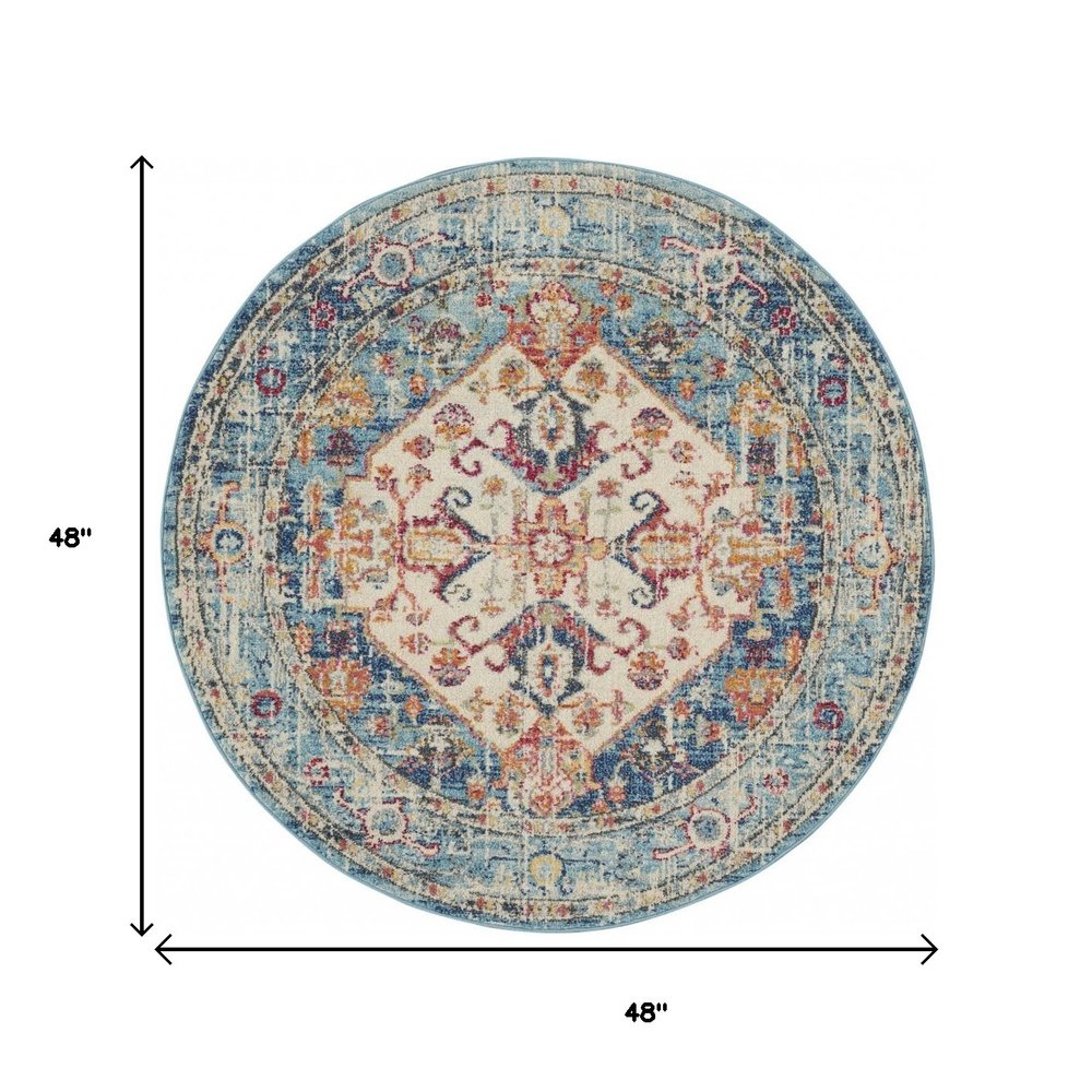 7' X 10' Ivory And Blue Oriental Distressed Area Rug