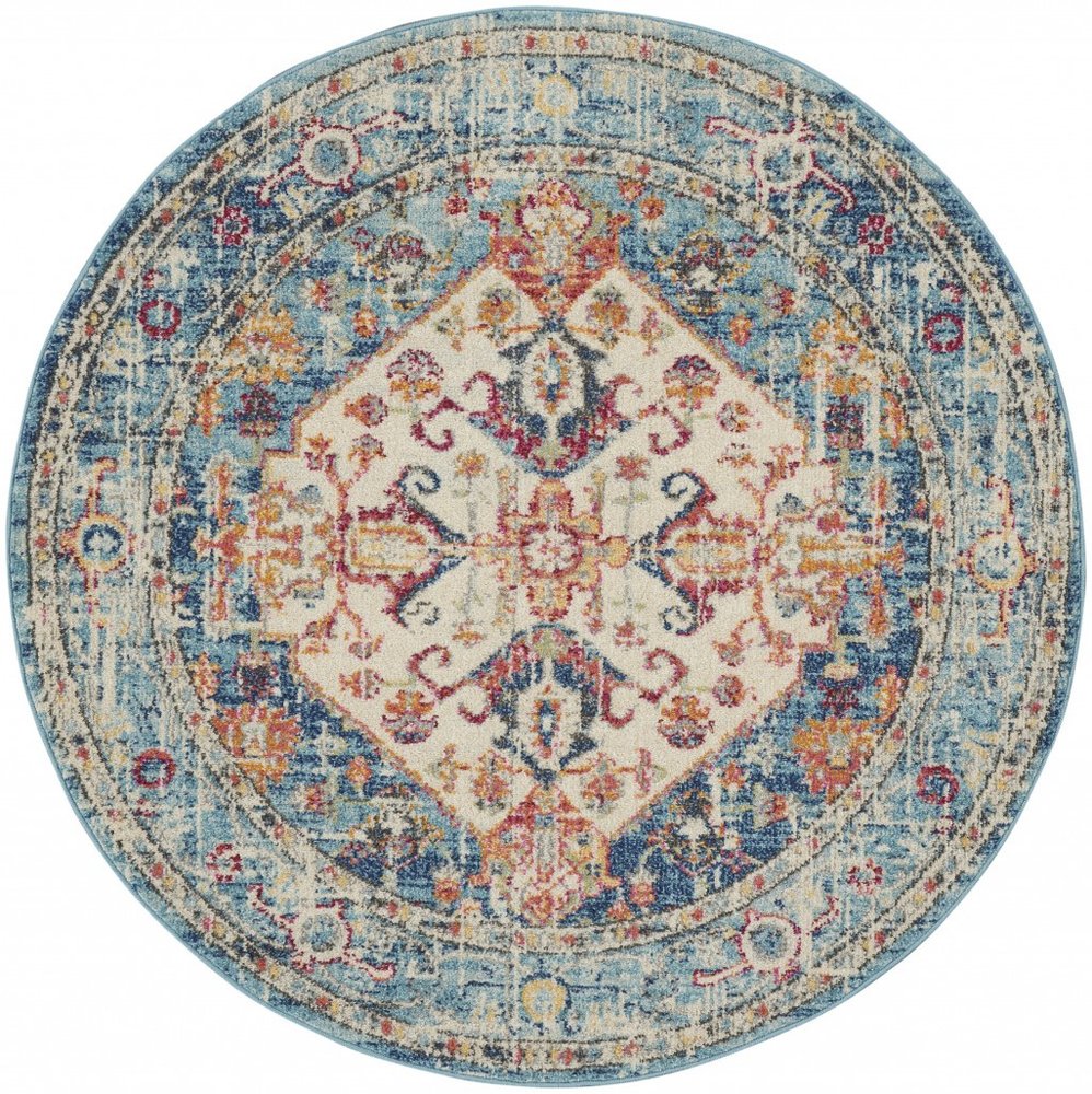 7' X 10' Ivory And Blue Oriental Distressed Area Rug