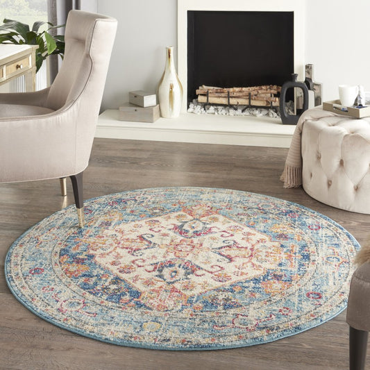7' X 10' Ivory And Blue Oriental Distressed Area Rug