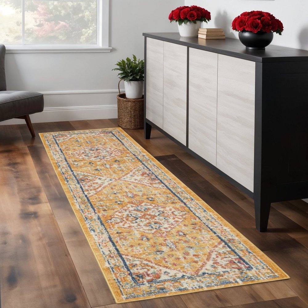 5' X 7' Yellow And Ivory Floral Medallion Area Rug