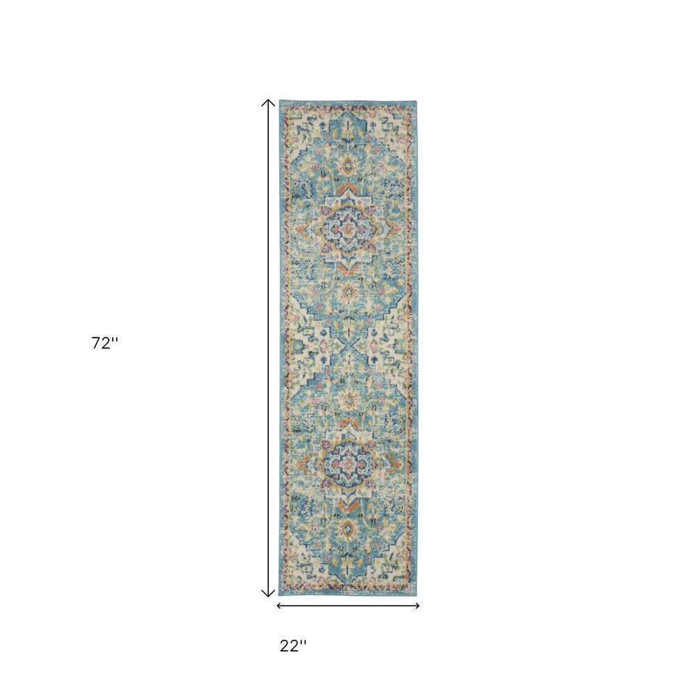 6' Ivory And Blue Oriental Distressed Runner Rug