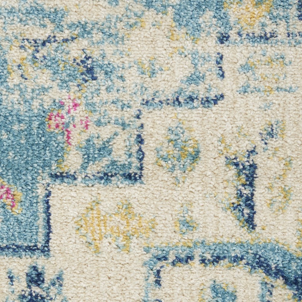 6' Ivory And Blue Oriental Distressed Runner Rug