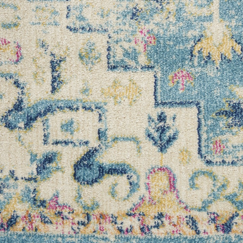 6' Ivory And Blue Oriental Distressed Runner Rug