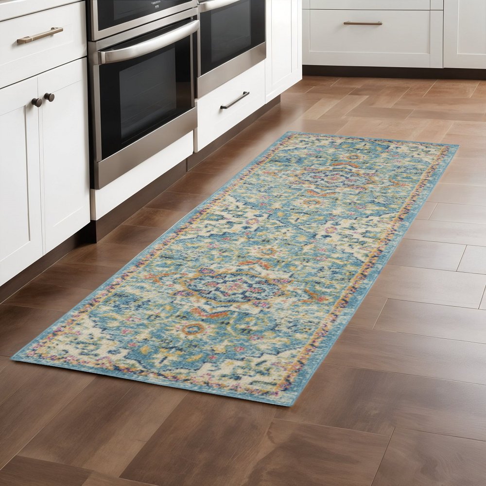 6' Ivory And Blue Oriental Distressed Runner Rug