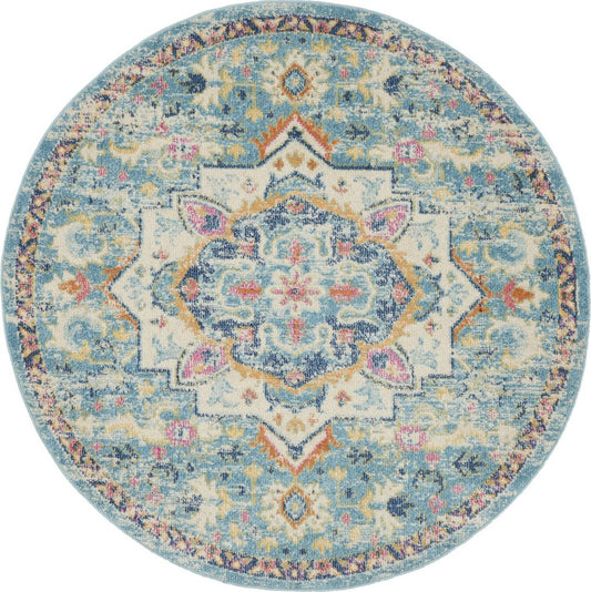 5' Ivory And Blue Oriental Distressed Round Rug