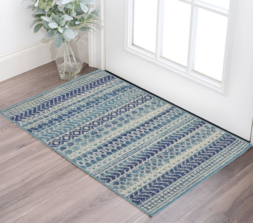 8' Navy Blue And Ivory Southwestern Runner Rug