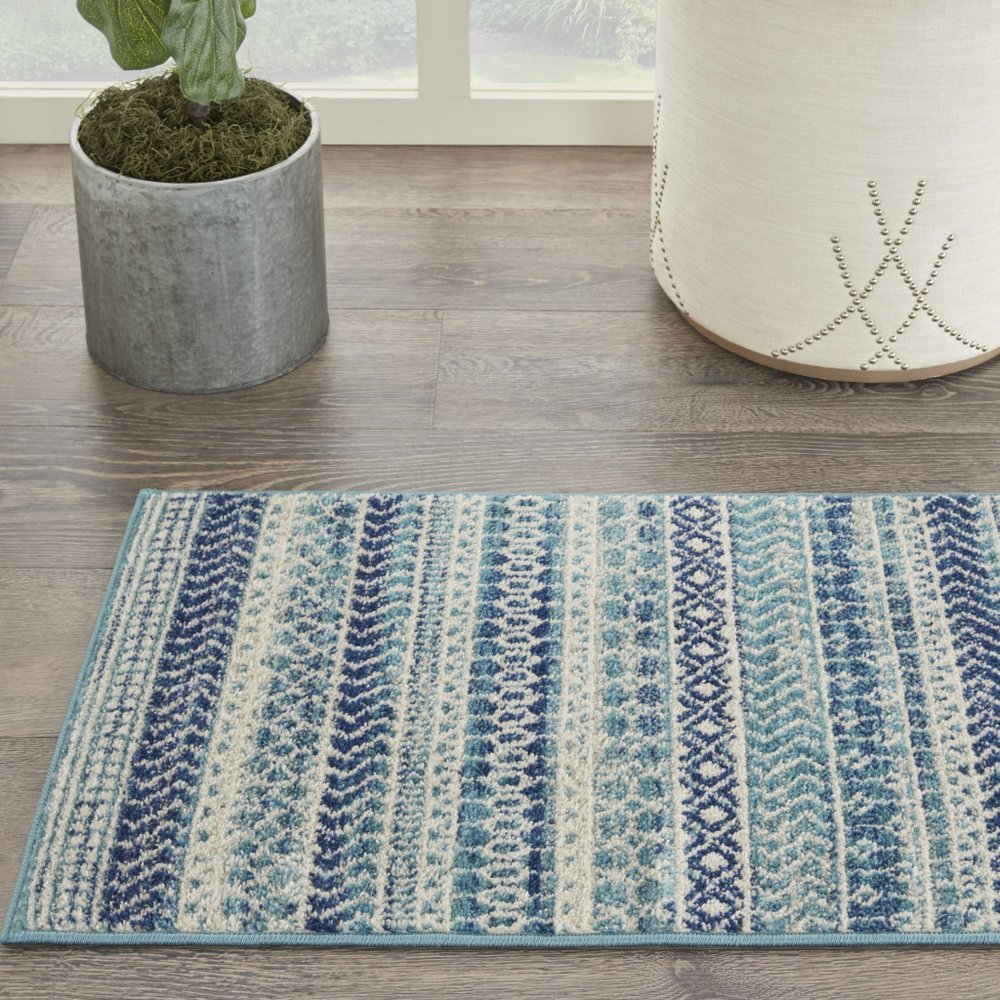 8' Navy Blue And Ivory Southwestern Runner Rug