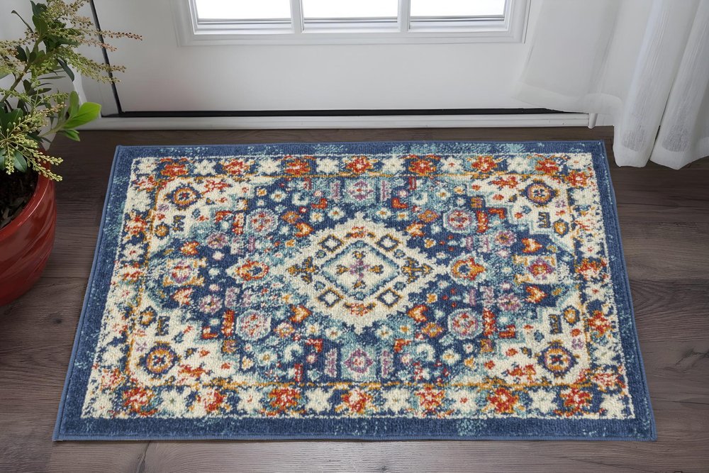 2' X 3' Blue And Ivory Medallion Area Rug