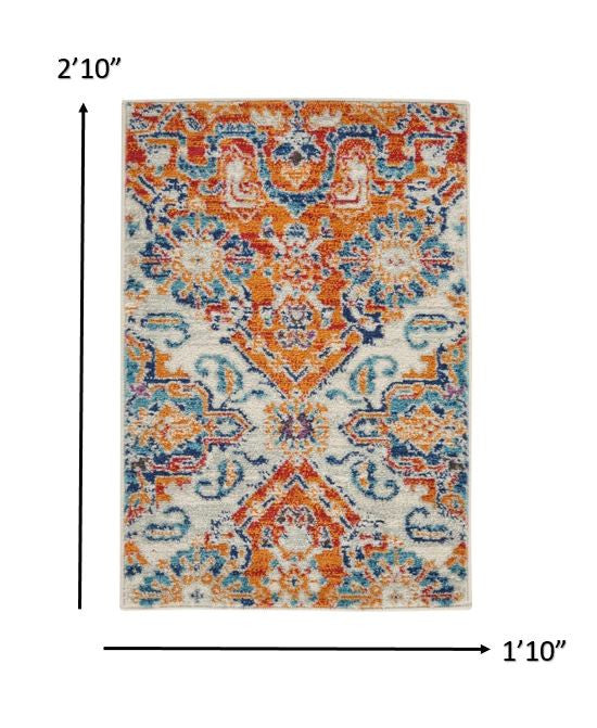 2' X 3' Ivory And Gold Floral Motif Scatter Rug