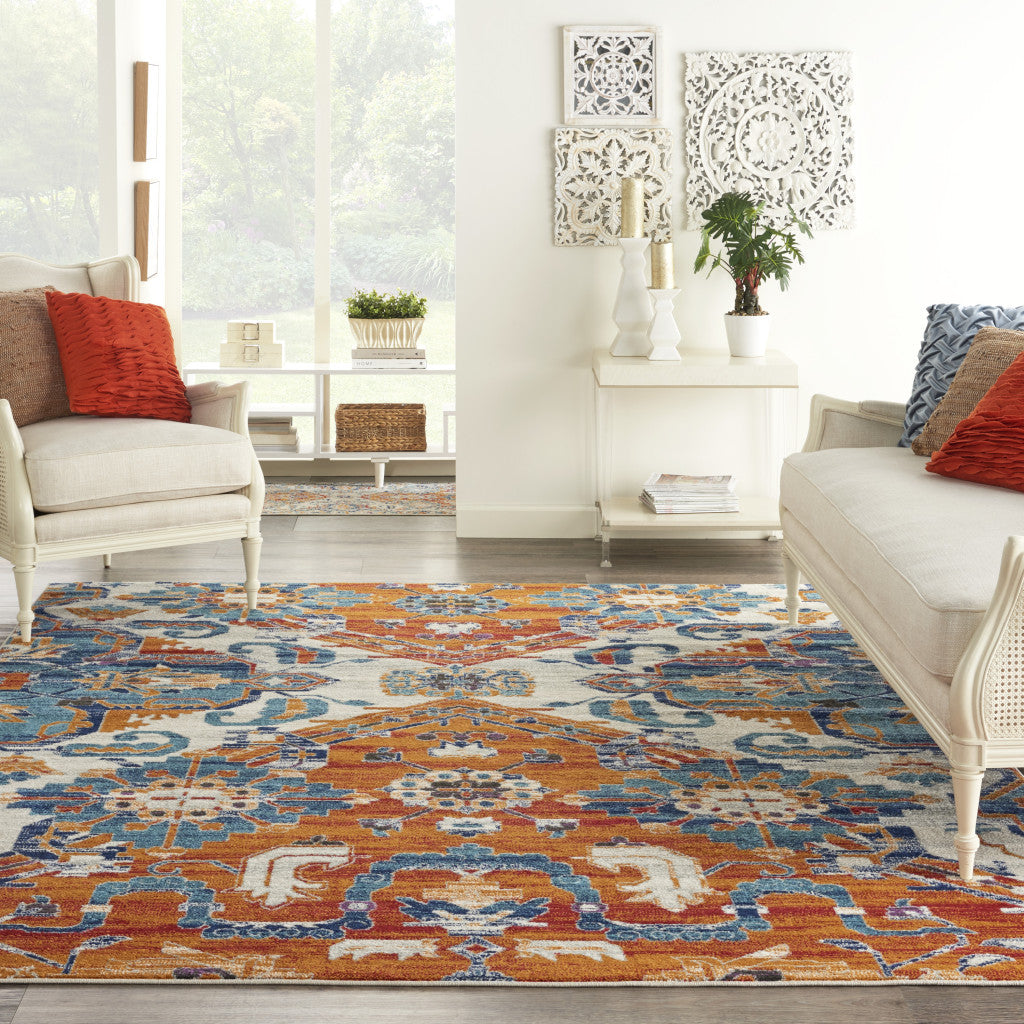 5' X 7' Orange And Ivory Floral Power Loom Area Rug