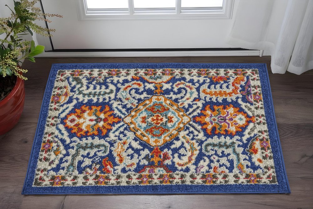 2' X 3' Blue And Ivory Oriental Area Rug