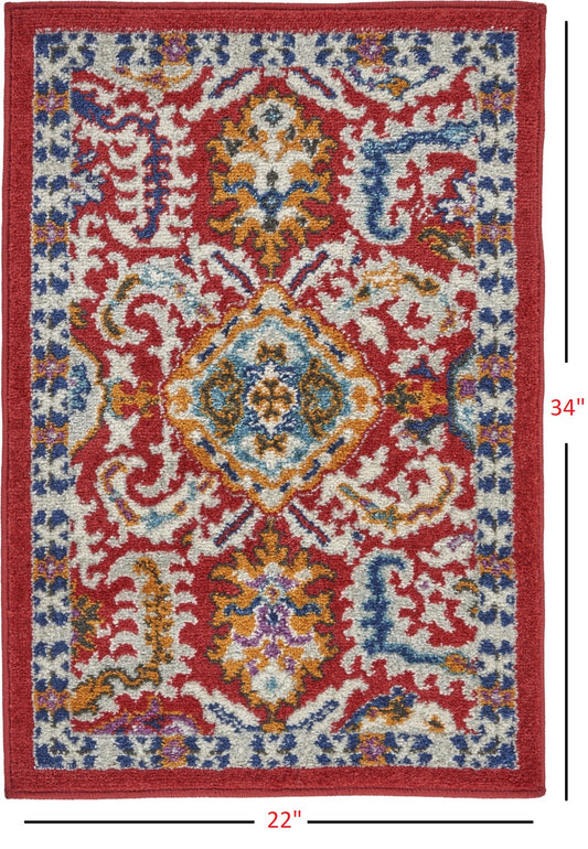 2' X 3' Red And Ivory Damask Power Loom Area Rug