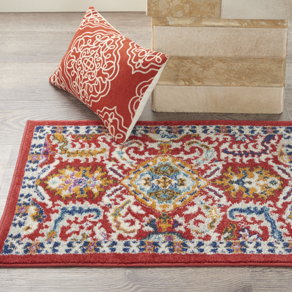 2' X 3' Red And Ivory Damask Power Loom Area Rug