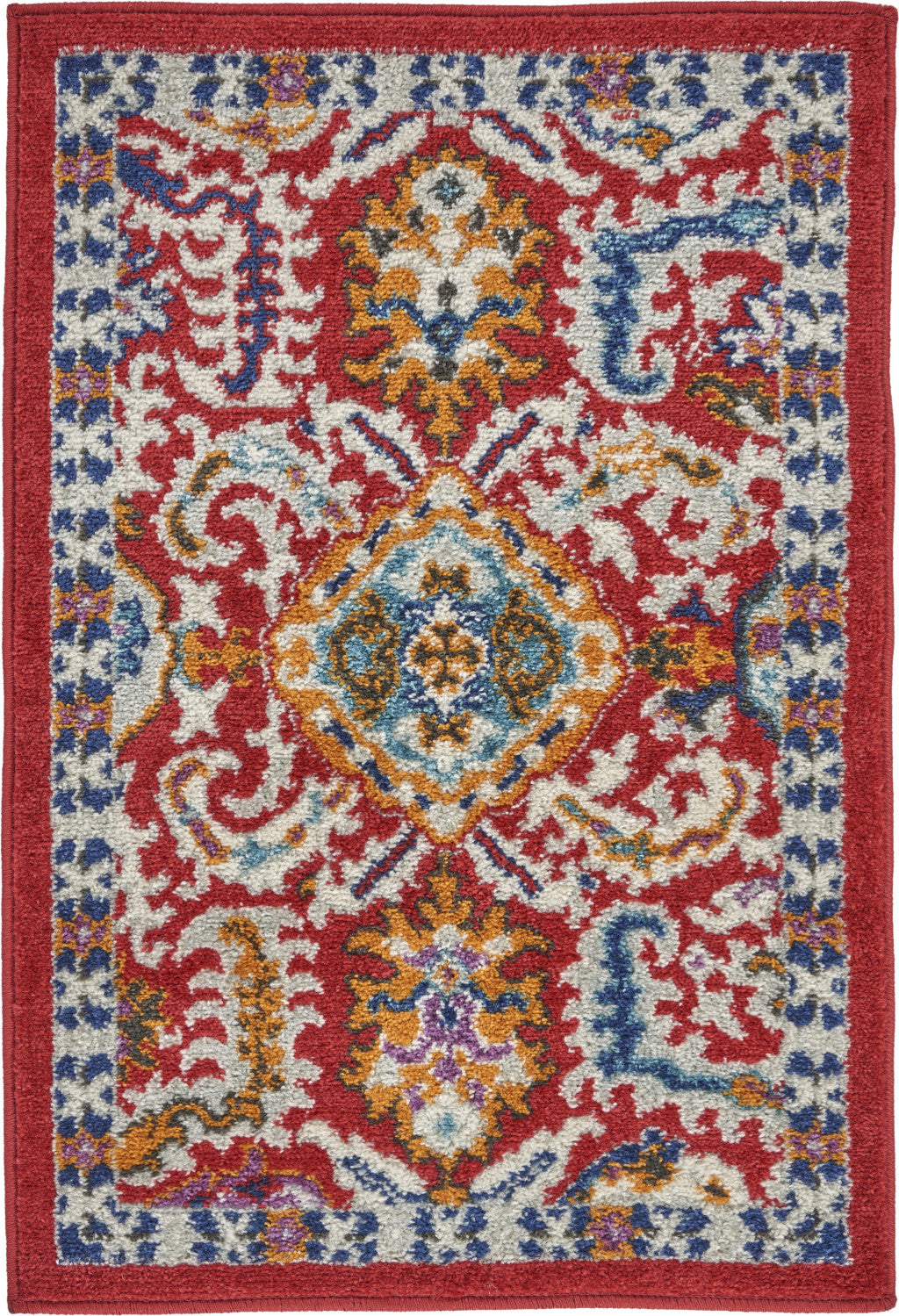 2' X 3' Red And Ivory Damask Power Loom Area Rug