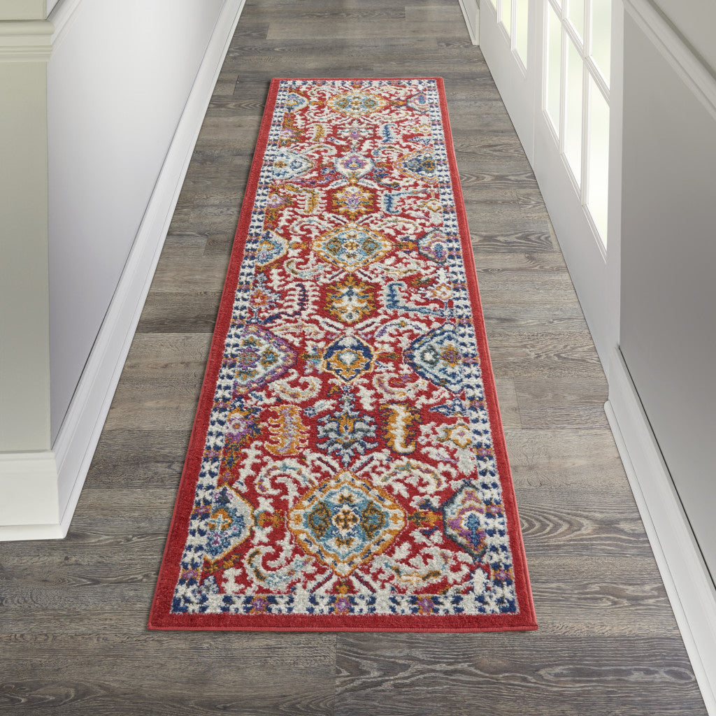 2' X 3' Red And Ivory Damask Power Loom Area Rug