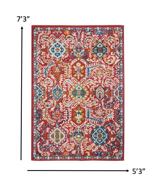 2' X 3' Red And Ivory Damask Power Loom Area Rug