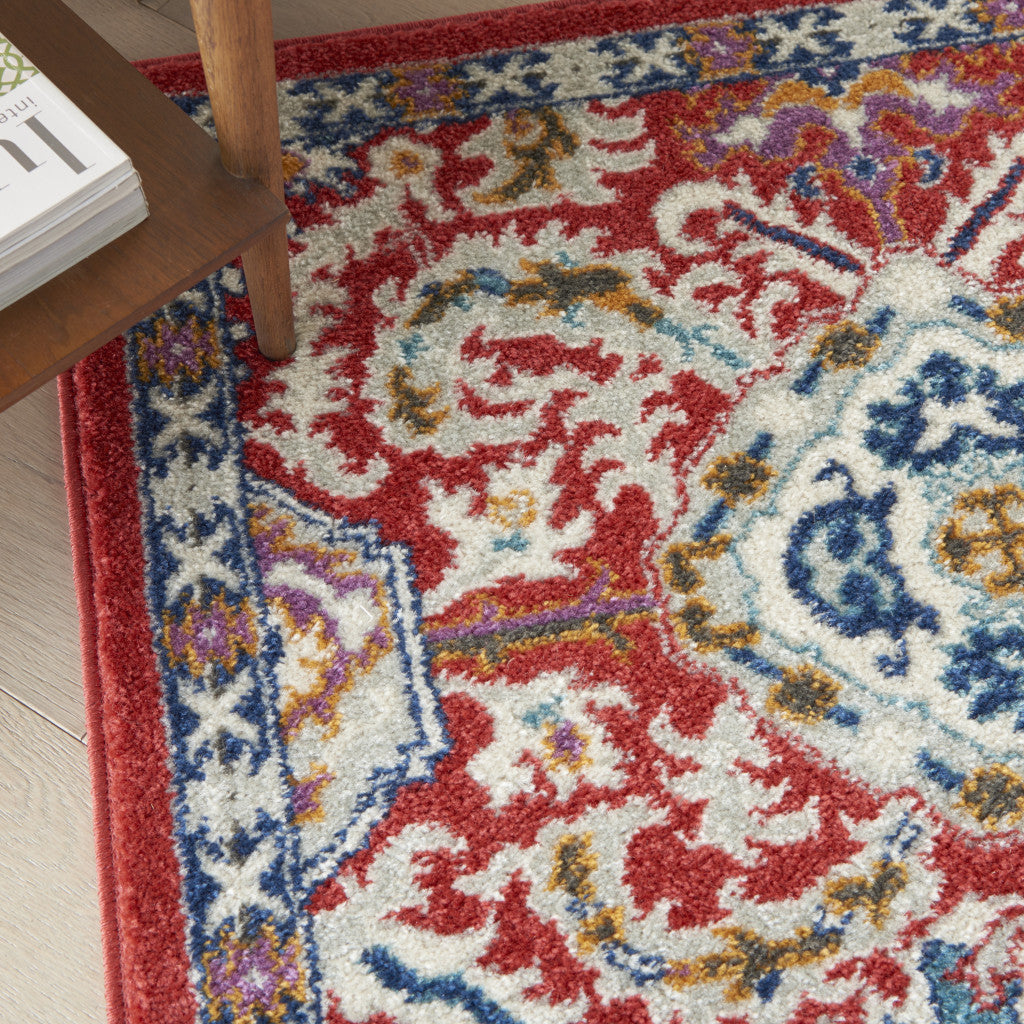 2' X 3' Red And Ivory Damask Power Loom Area Rug