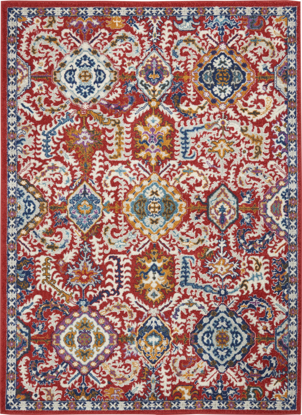 2' X 3' Red And Ivory Damask Power Loom Area Rug