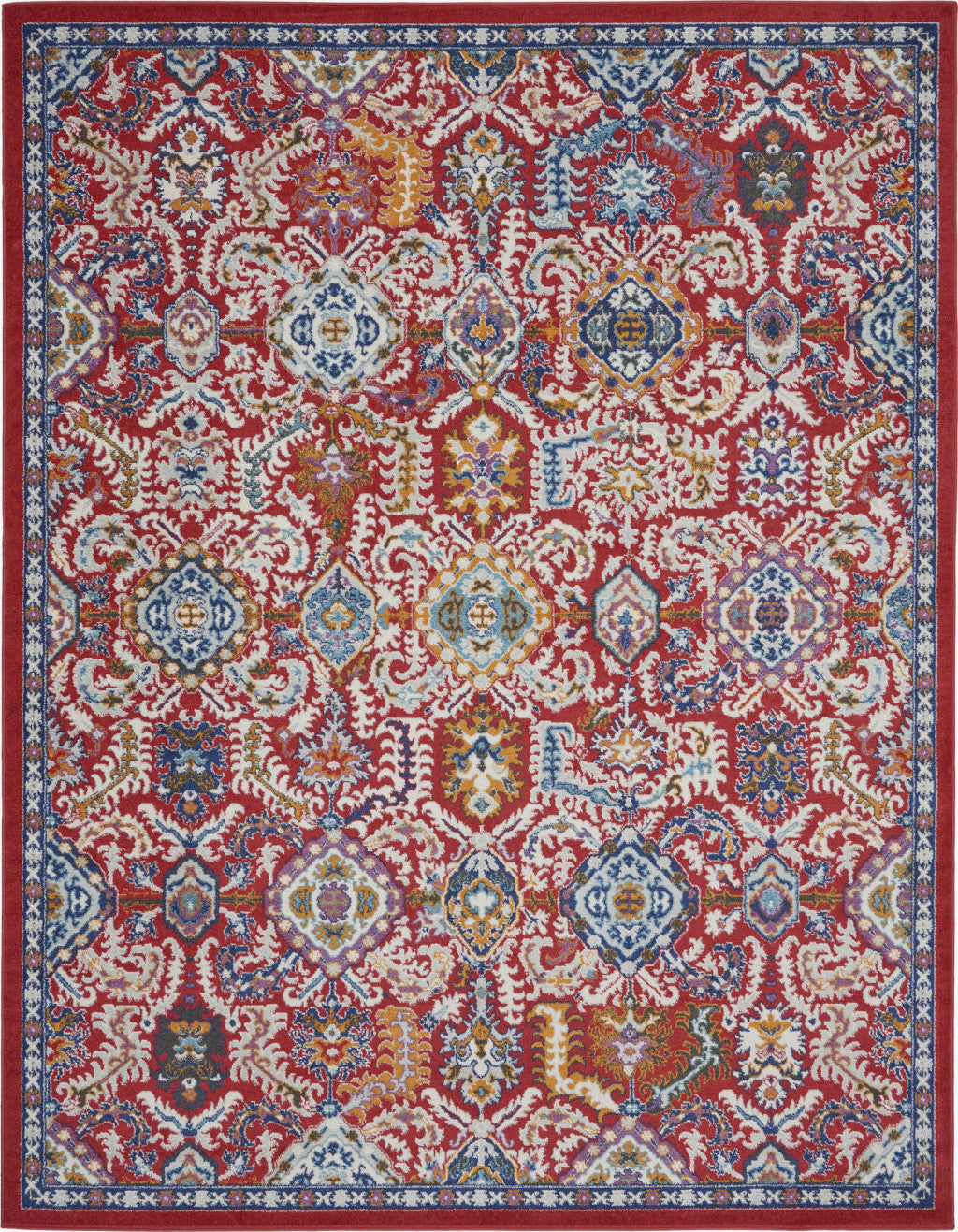 2' X 3' Red And Ivory Damask Power Loom Area Rug