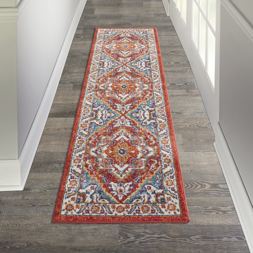 8' Red And Ivory Medallion Distressed Runner Rug