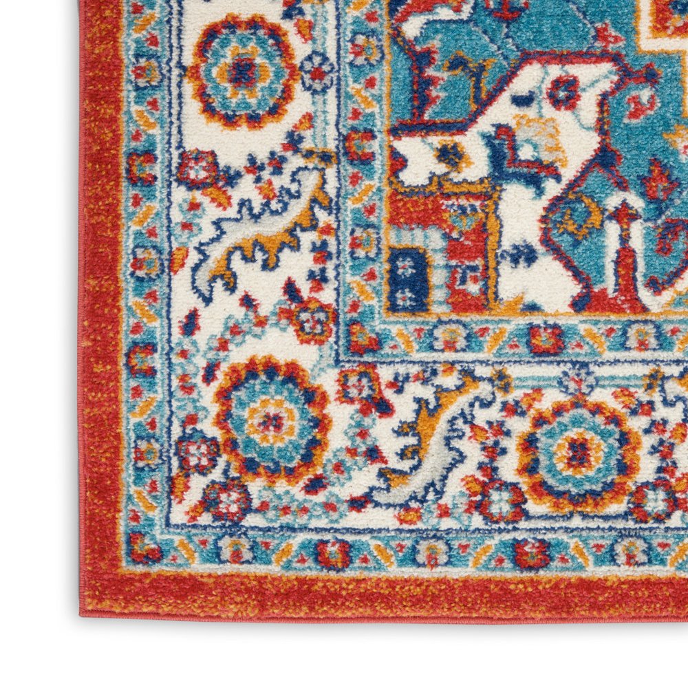 8' Red And Ivory Medallion Distressed Runner Rug