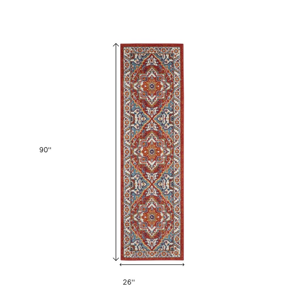 8' Red And Ivory Medallion Distressed Runner Rug