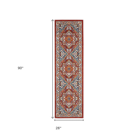 8' Red And Ivory Medallion Distressed Runner Rug