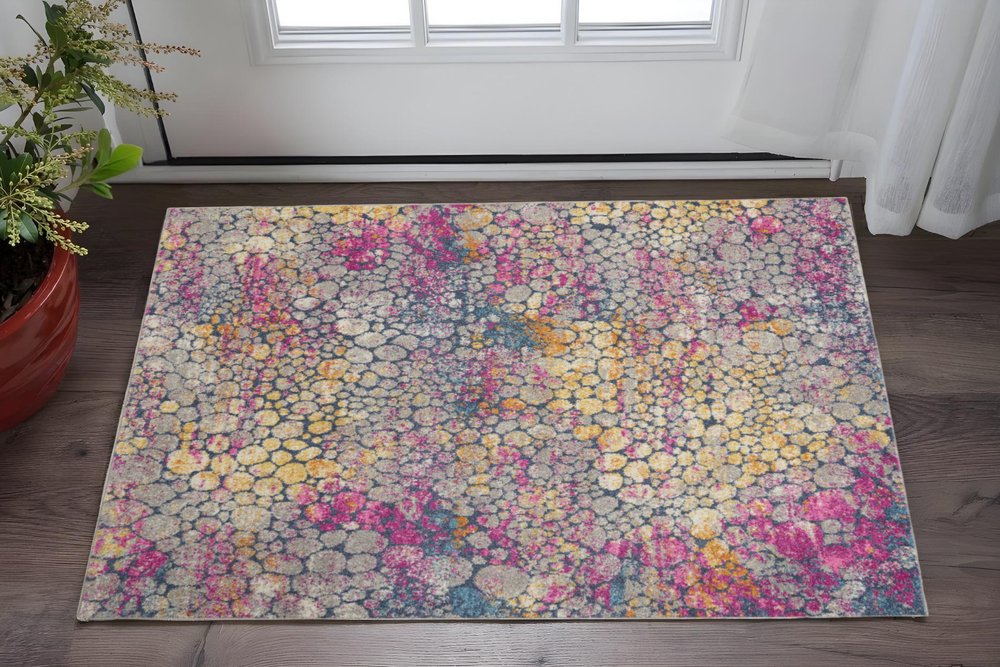 4' Ivory And Blue Abstract Round Rug