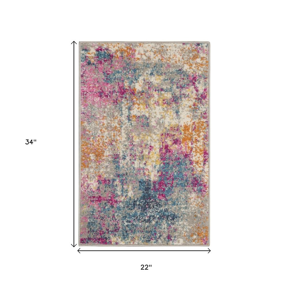 4' Ivory And Blue Abstract Round Rug