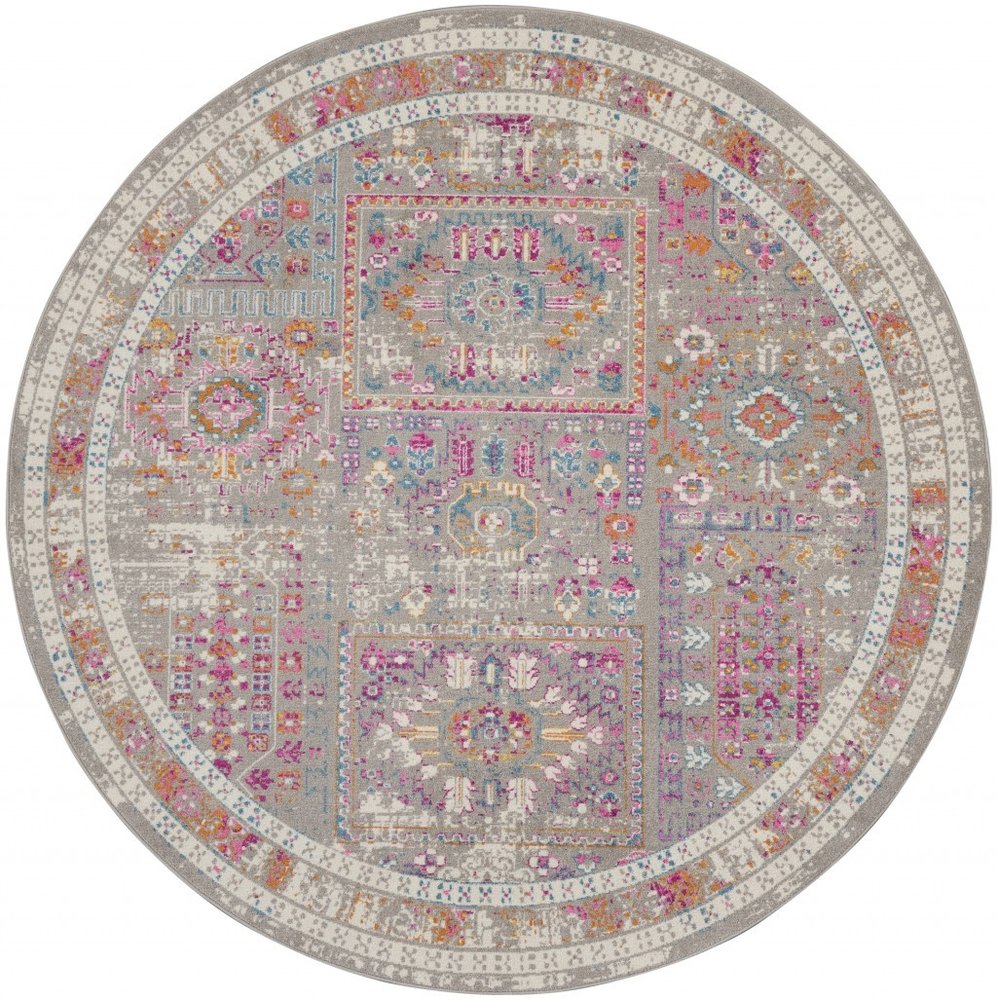 8' Gray And Ivory Abstract Distressed Round Rug