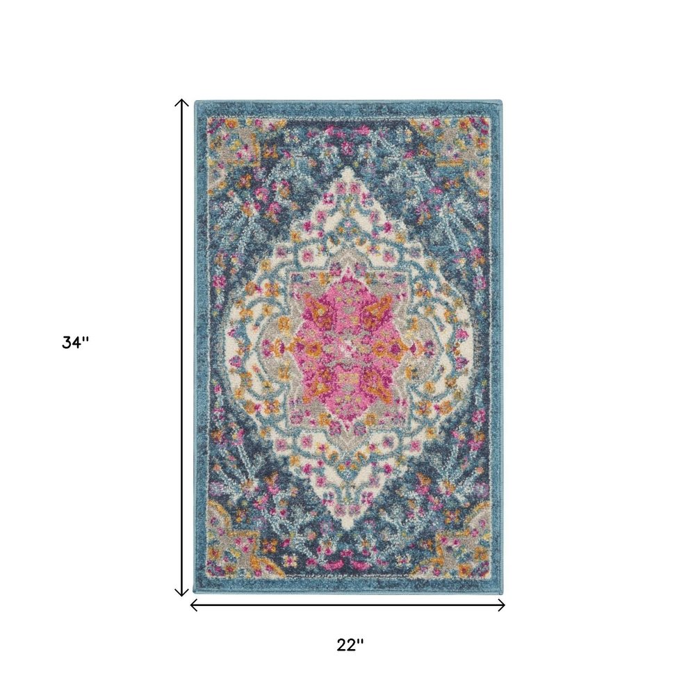 2' X 3' Blue And Ivory Medallion Distressed Area Rug