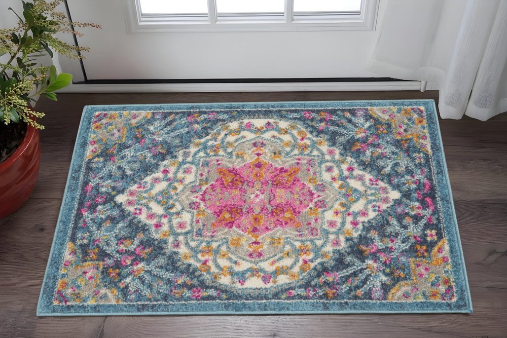 2' X 3' Blue And Ivory Medallion Distressed Area Rug