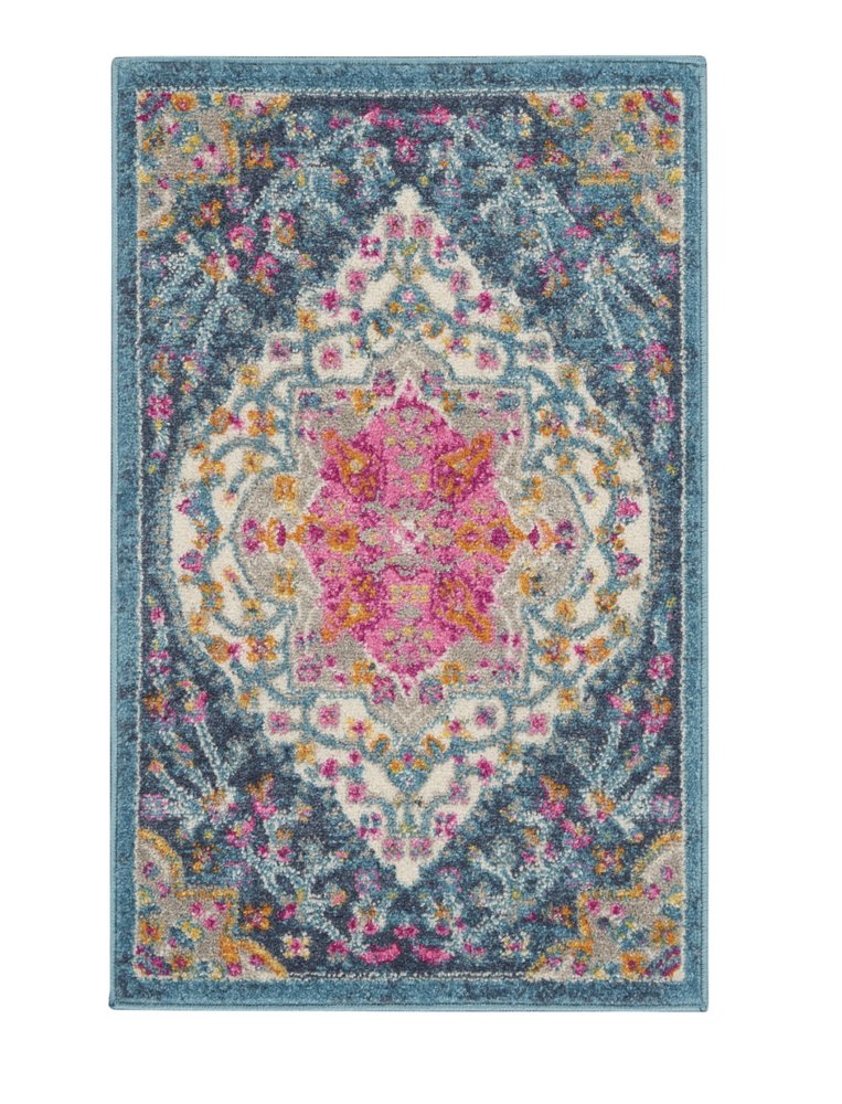 2' X 3' Blue And Ivory Medallion Distressed Area Rug