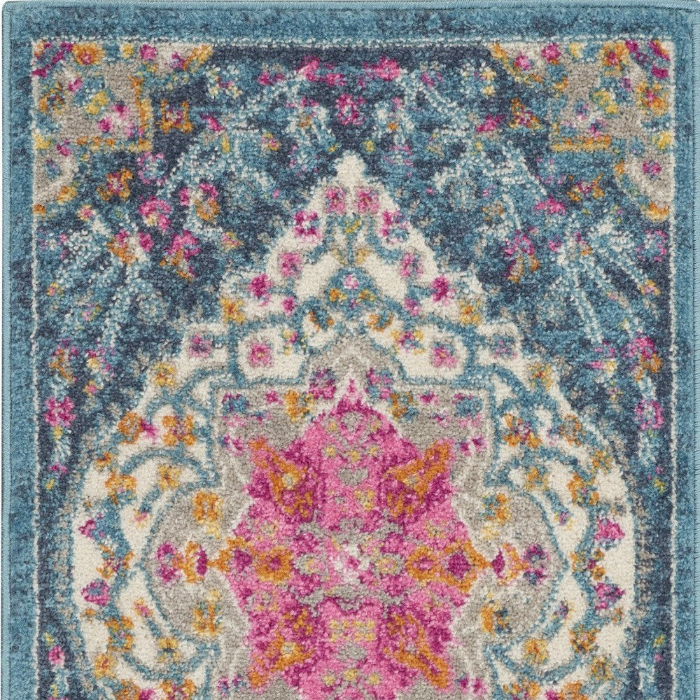 2' X 3' Blue And Ivory Medallion Distressed Area Rug