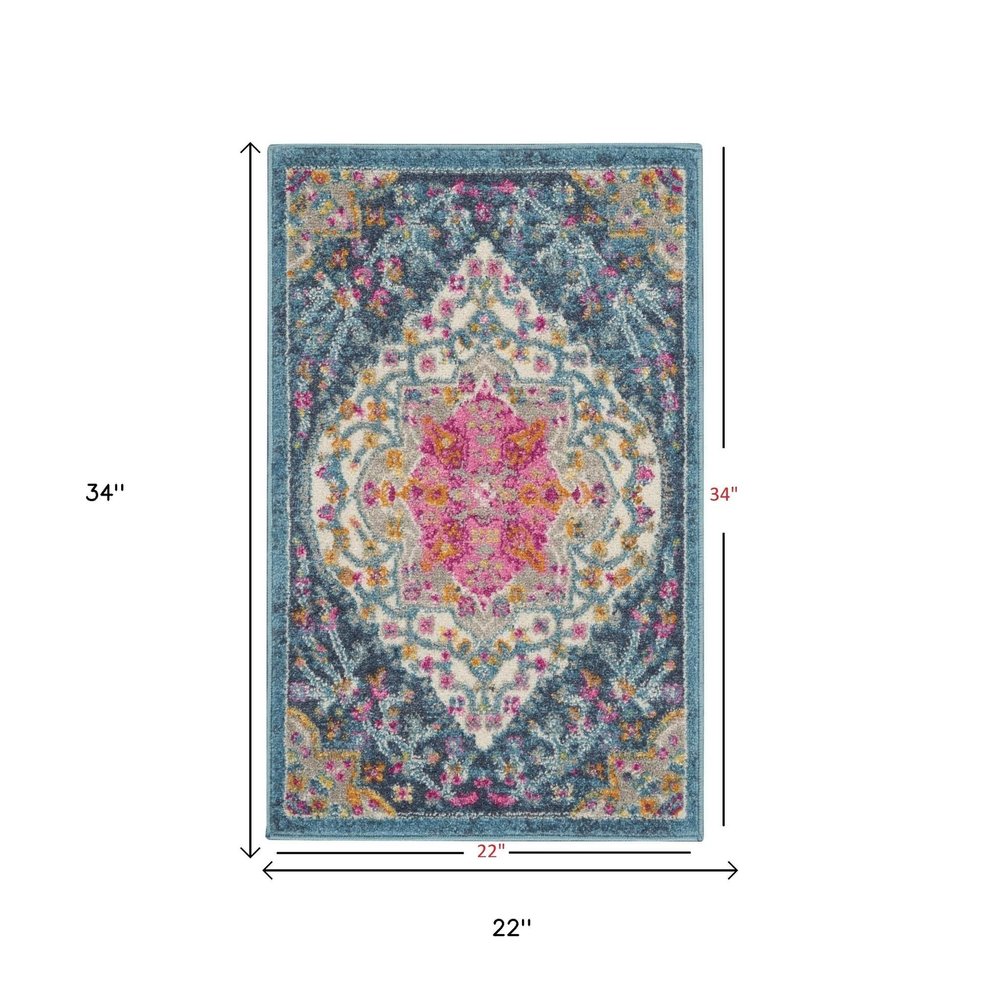 2' X 3' Blue And Ivory Medallion Distressed Area Rug