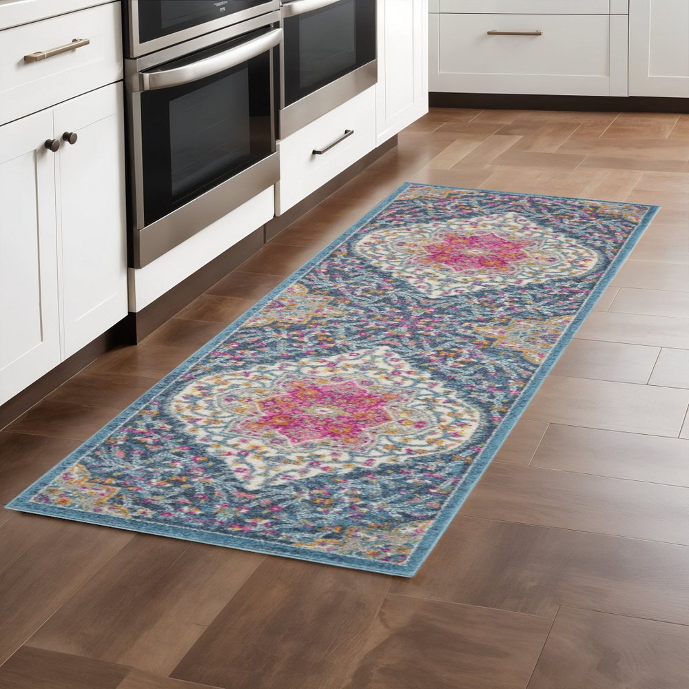 2' X 3' Blue And Ivory Medallion Distressed Area Rug