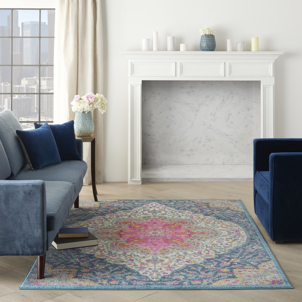 5' X 7' Blue And Ivory Medallion Distressed Area Rug