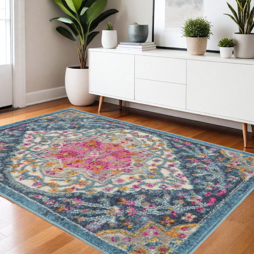 5' X 7' Blue And Ivory Medallion Distressed Area Rug