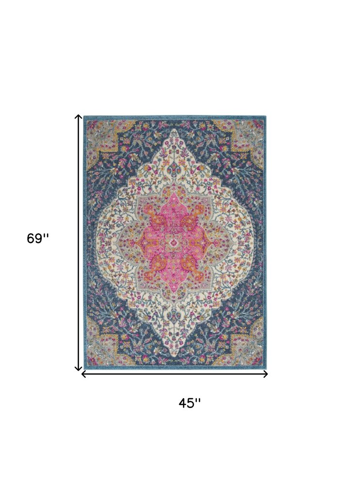 5' X 7' Blue And Ivory Medallion Distressed Area Rug