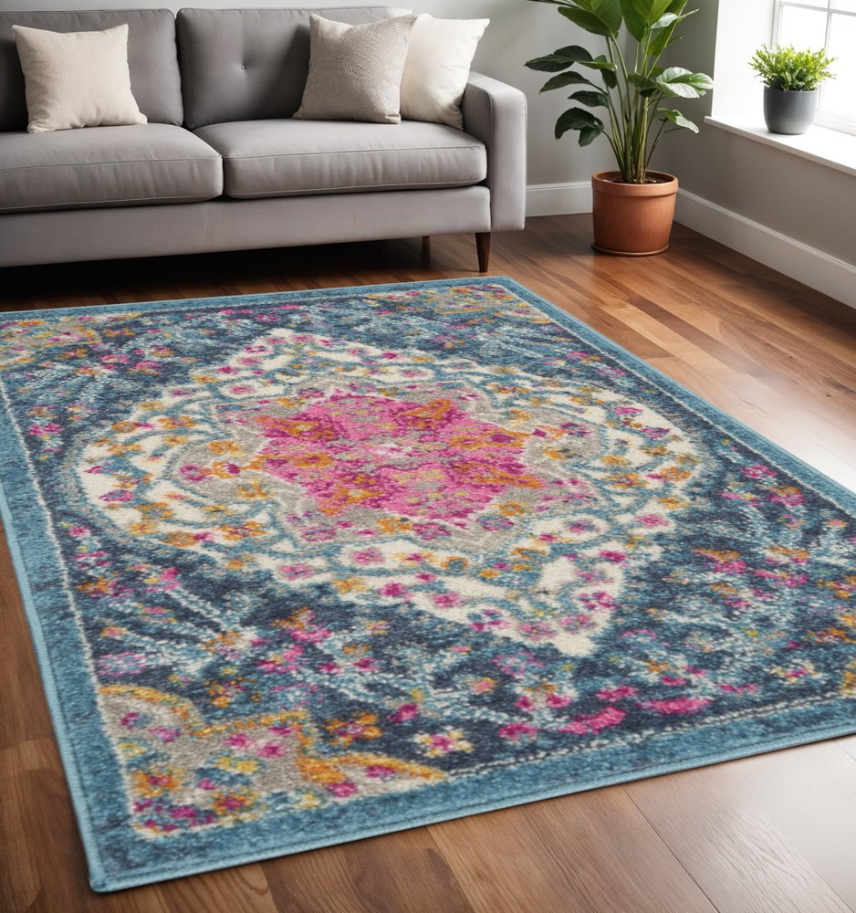 5' X 7' Blue And Ivory Medallion Distressed Area Rug