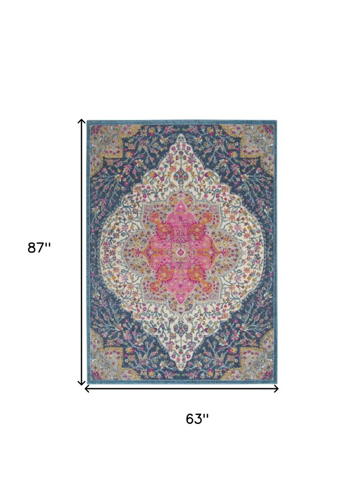 5' X 7' Blue And Ivory Medallion Distressed Area Rug