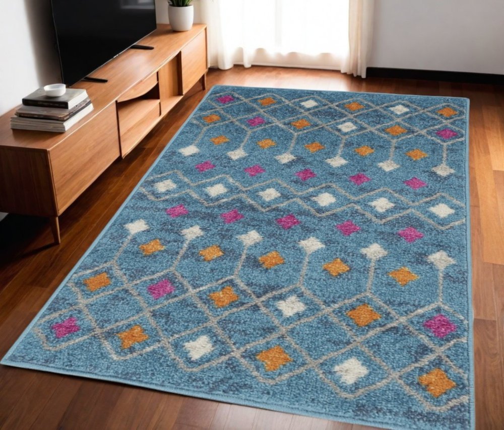 5' X 7' Blue And Orange Geometric Area Rug