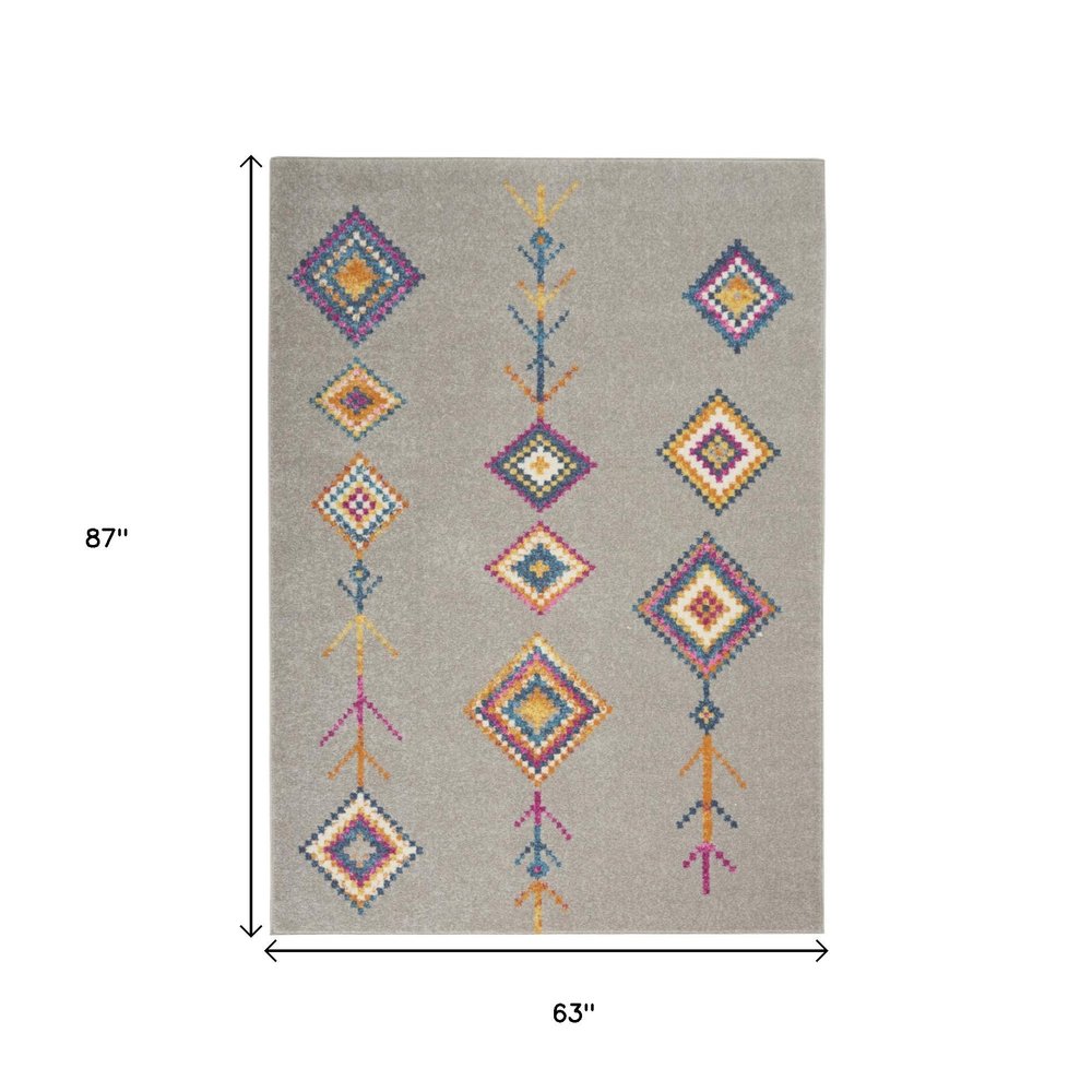 5' X 7' Gray Blue And Orange Tribal Area Rug