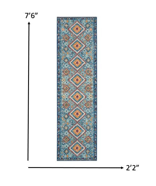 8' Blue And Orange Geometric Runner Rug