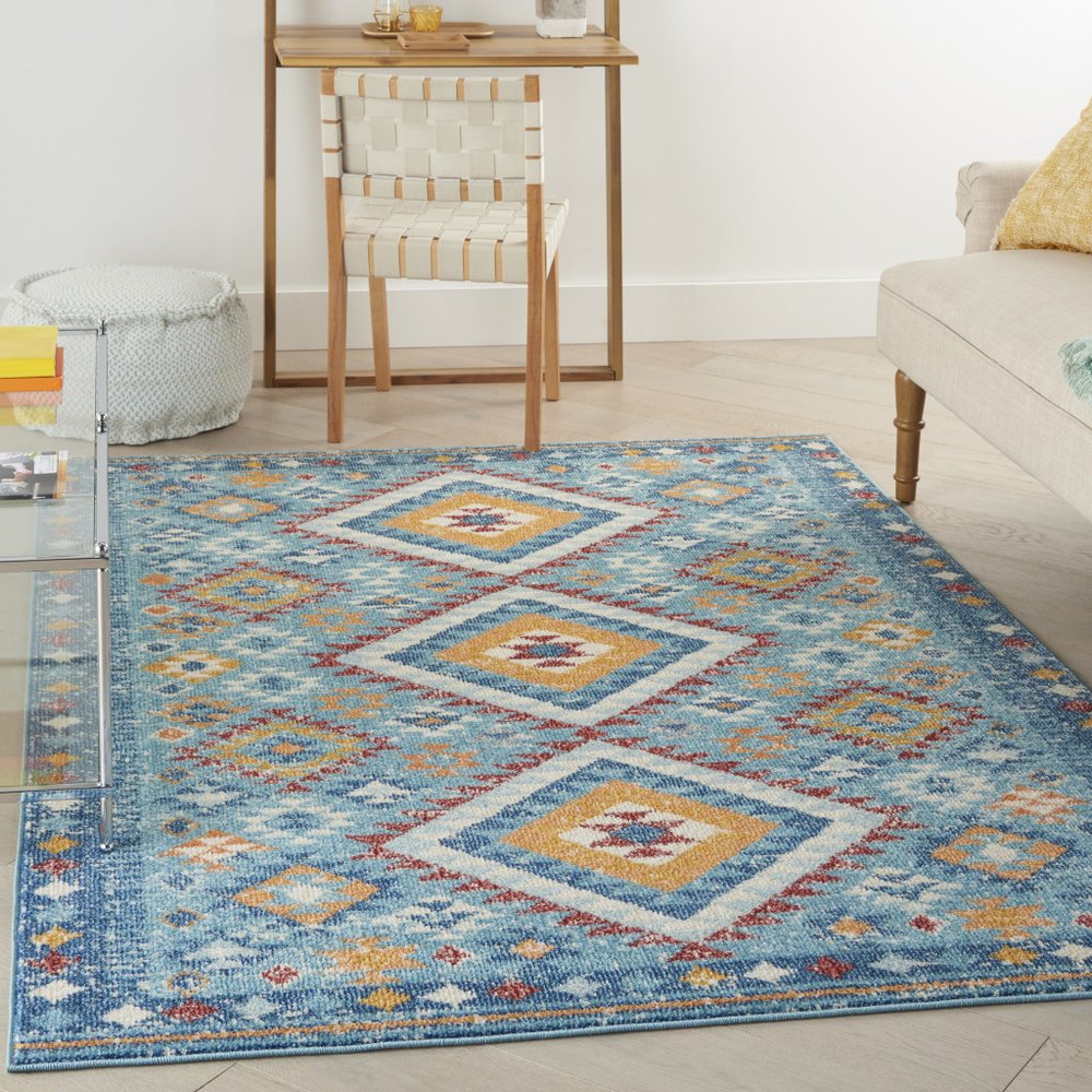 8' Blue And Orange Geometric Runner Rug