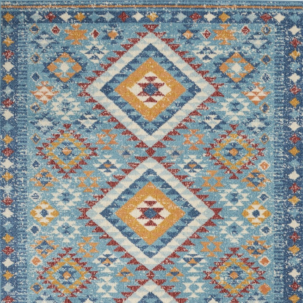 8' Blue And Orange Geometric Runner Rug